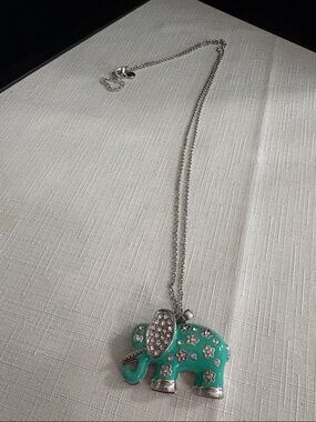 Turquoise like  Elephant Pendant Necklace with Crystal Accents - Women Jewelry